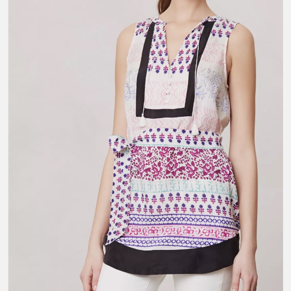 Anthropologie Maeve Silk Istmo Tunic Top, Blouse, Shirt, Purple Motif Patchwork